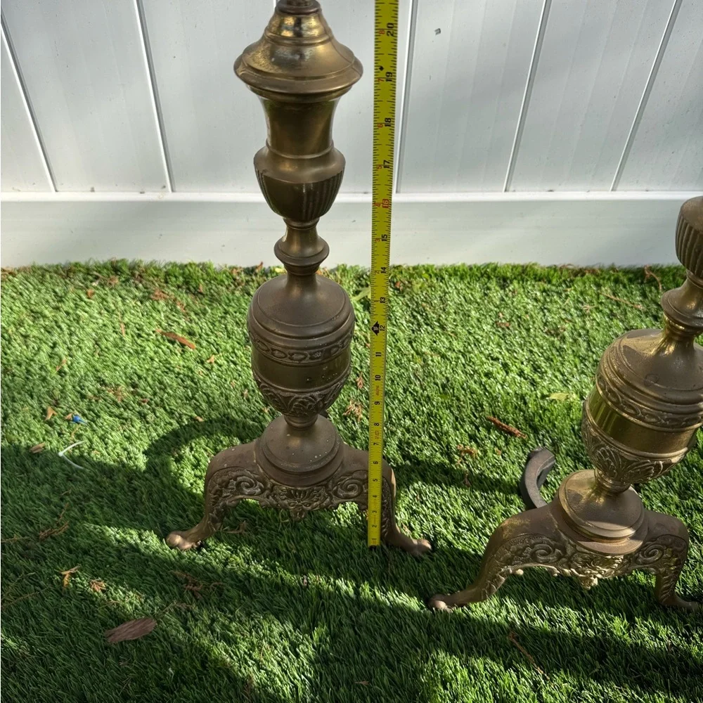 Pair of Vintage‎ Brass Andirons Ornate Very Nice